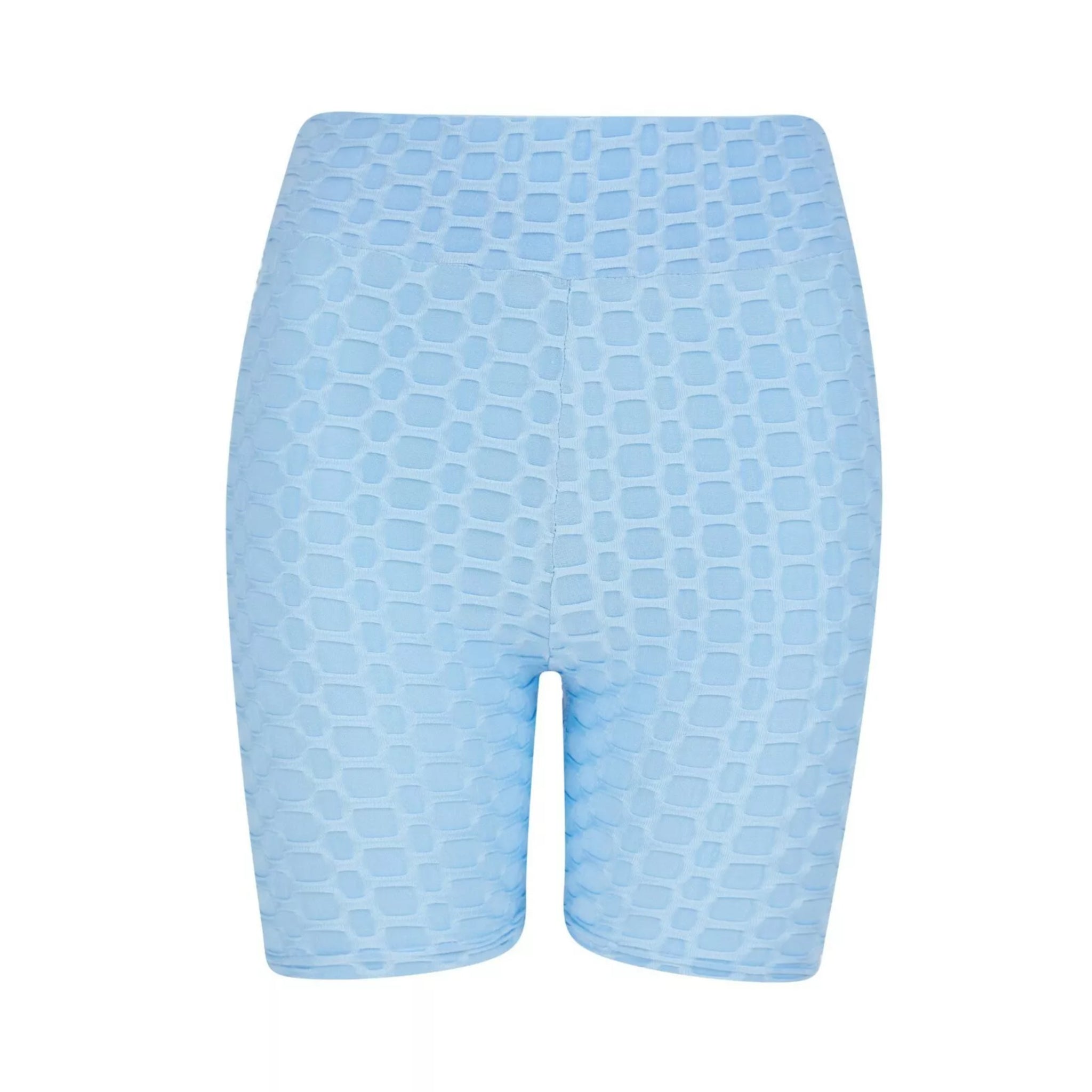 Ladies' high-waisted blue TikTok shorts with textured ruched design – figure-hugging slimming gym and workout shorts